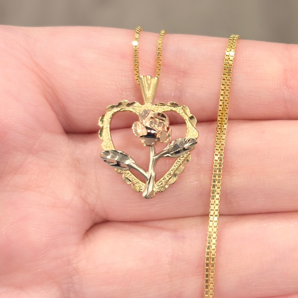 14K Black Hills Gold Rose Heart Pendant - Laser Etched Floral - Picture 3 of 10
